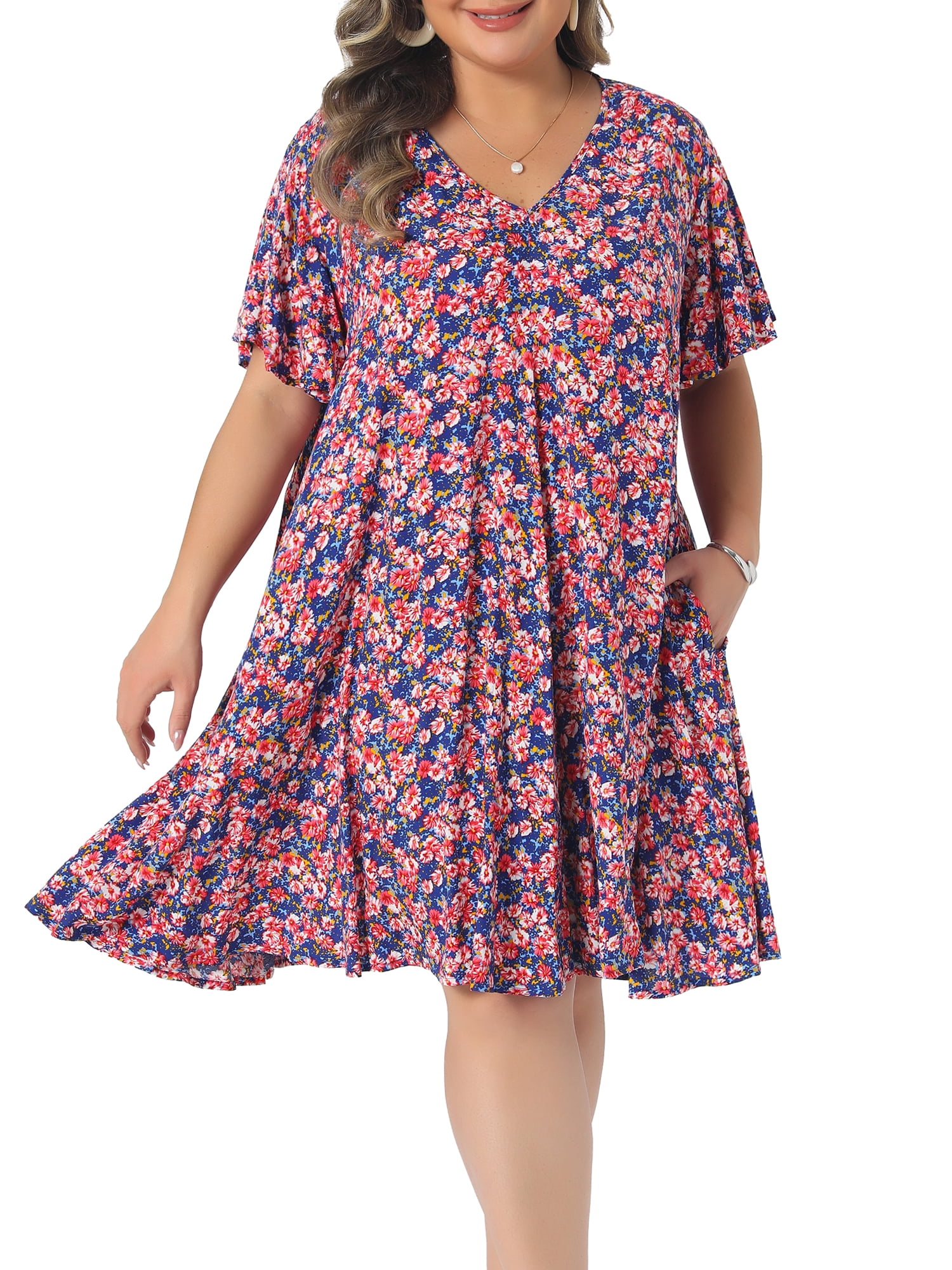 DARING DIVA Women's Plus Summer Short Sleeve V Neck Dress 2X Pink Blue