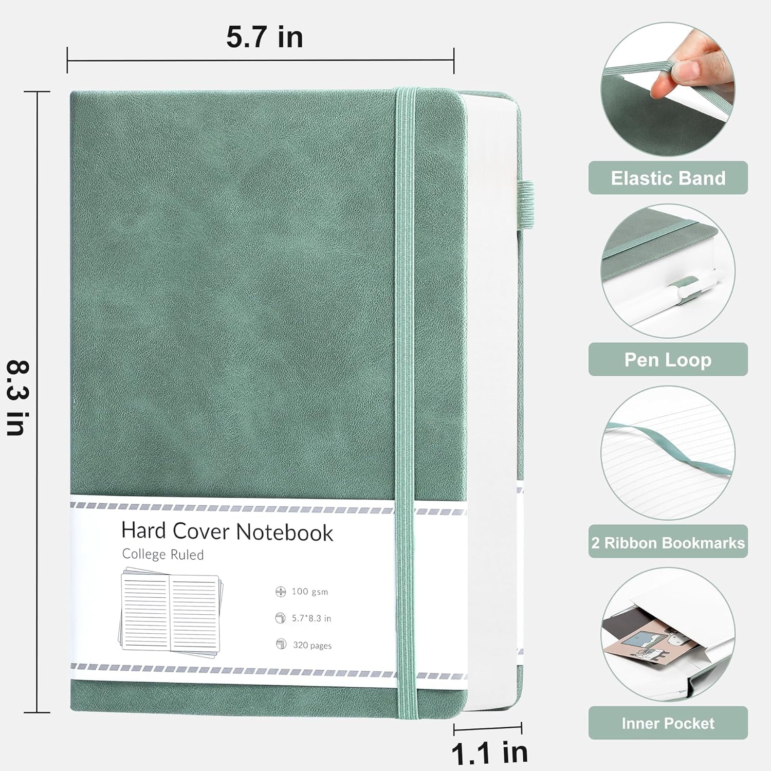 Lined Journal Notebook for Women Men 320 Pages 100 Gsm Paper Thick Journaling Notebooks A5 Leather Journals for Writing Hardcover Journal Supplies for Work Note Taking Diary, 5.7x8.3 In, Green