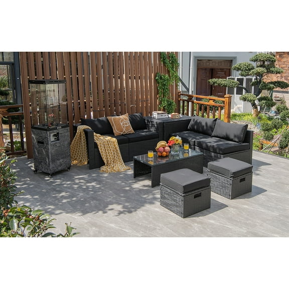 Costway 8PCS Patio Rattan Furniture Set Storage Table Ottoman Black cover