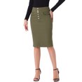 thumbnail image 1 of Falda de mezclilla midi A-line de mujer INSPIRE CHIC, de cintura alta, con abertura frontal, elástica, color verde militar, talla S, 1 of 6
