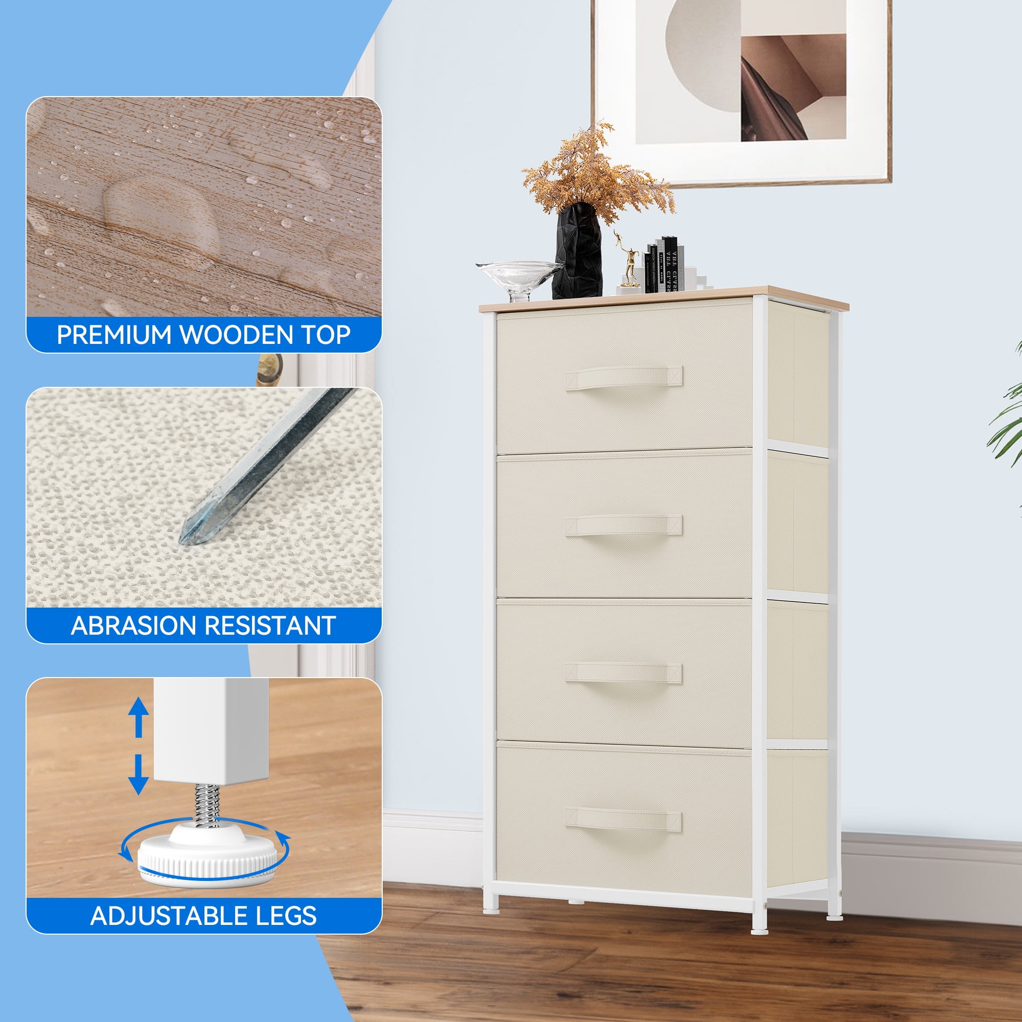 Uforic 4 Drawer Dresser Fabric Chest of Drawers Furniture Storage Organizer for Living Room,Bedroom,Hallway,Nursery Cream White