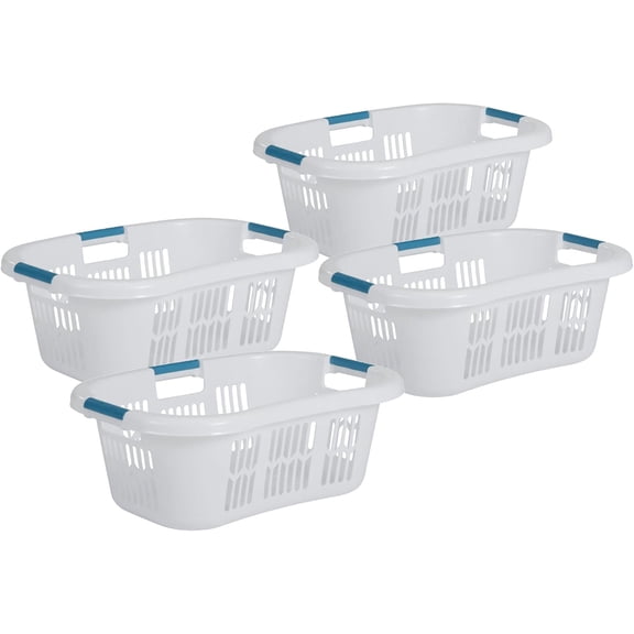 4 Pack Small Laundry Basket, 2.1 Bushel Bedroom Hamper, Hip-Hugger Plastic Clothing Bin with Carrying Handles, White