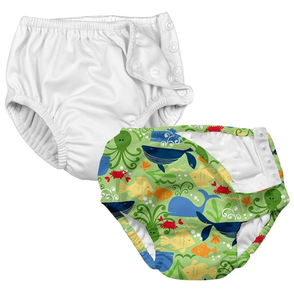 i play Baby and Toddler Snap Reusable Swim Diaper - White and Sealife- 2 Pack