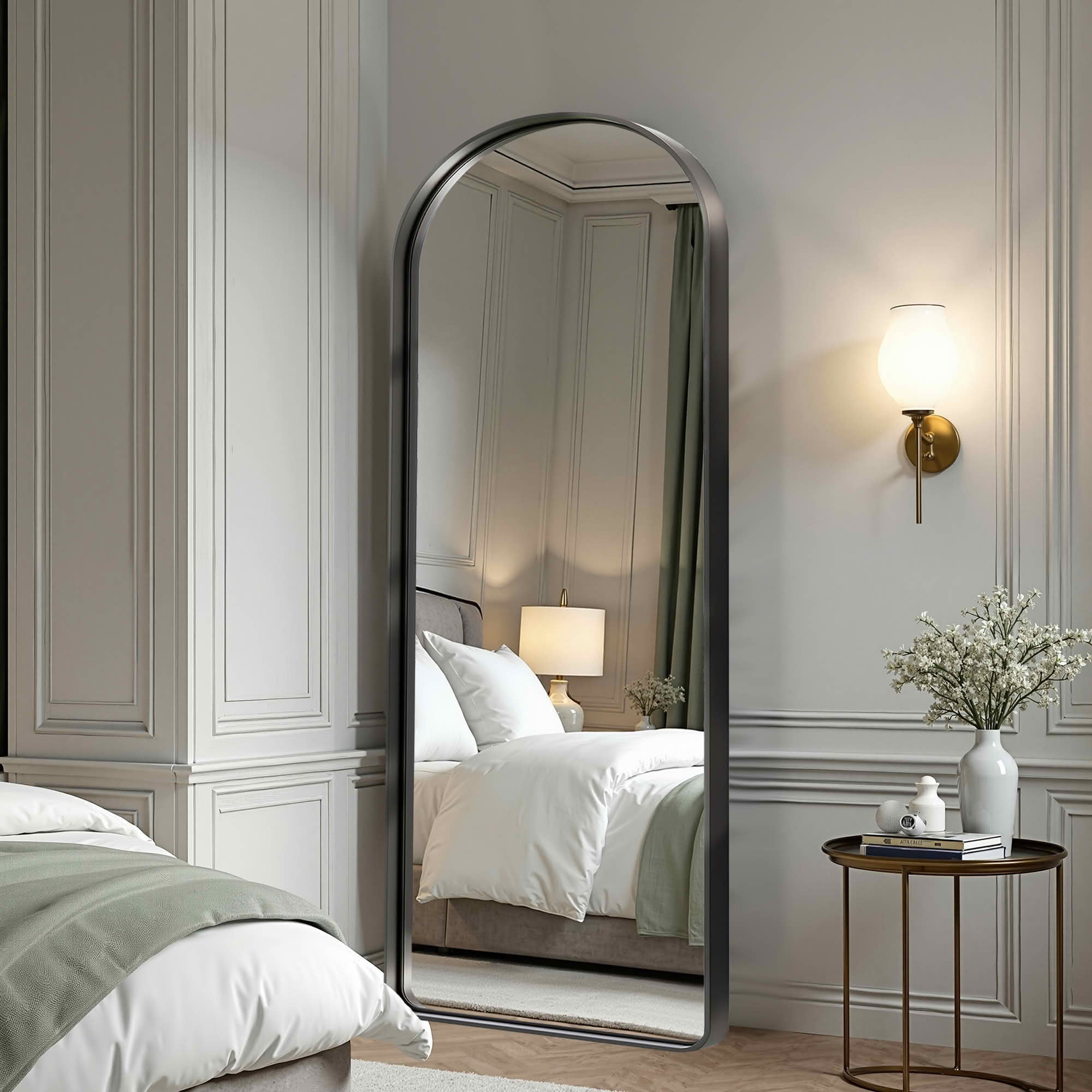 MAYEERTY 71x31x2 Inch Black Painted Aluminum Round Corner Arched Full Length Mirror, Deep, No Stand for Bedroom