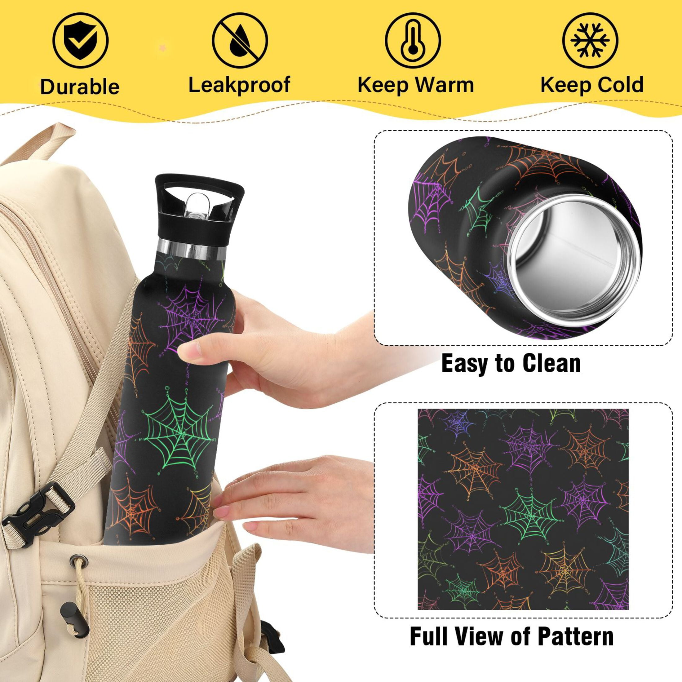Kids Insulated Stainless Steel Sports Water Bottle 600ml (20oz) Neon Spider Webs