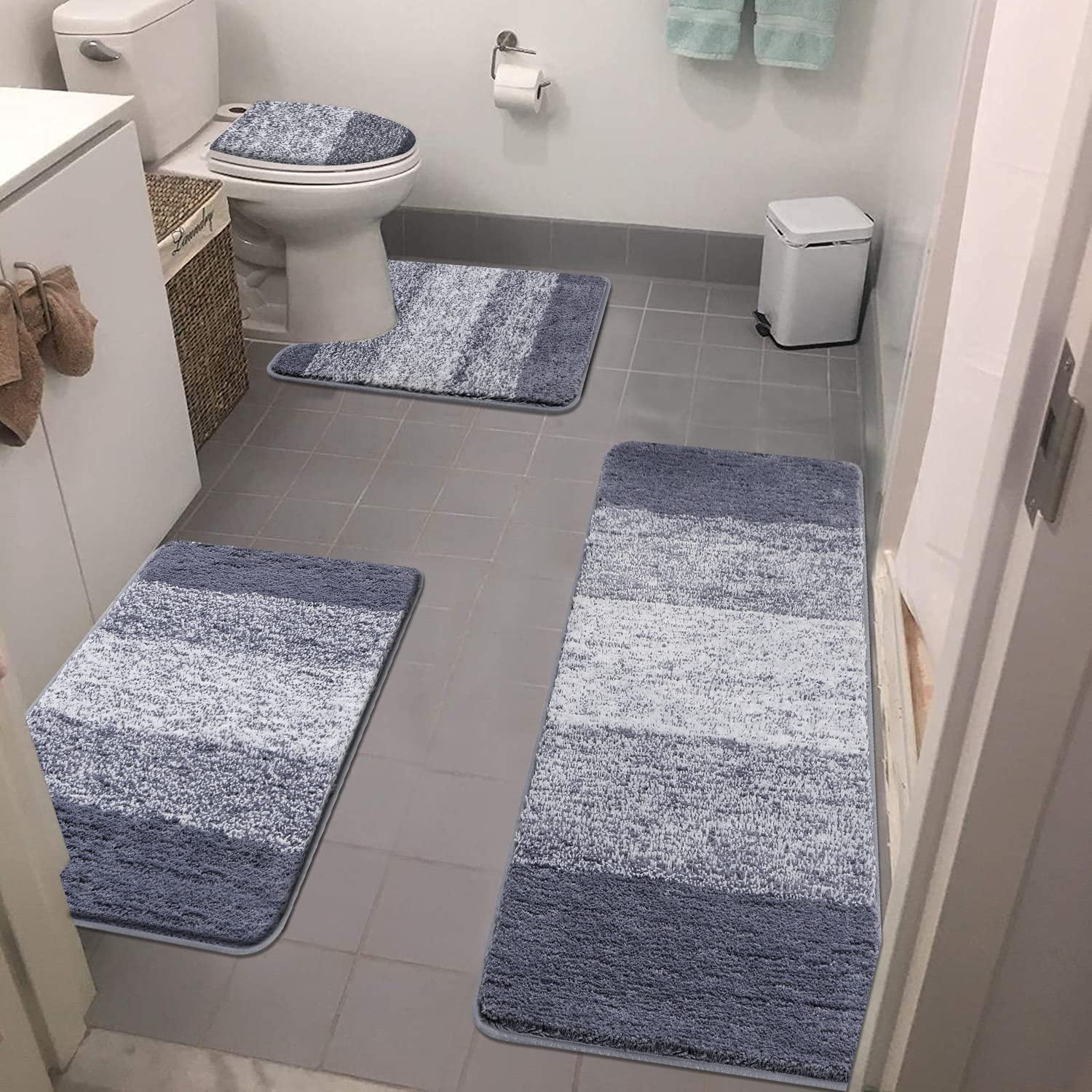 Ileading Traditional 4 Piece Microfiber Washable Bathroom Rug Set, Grey