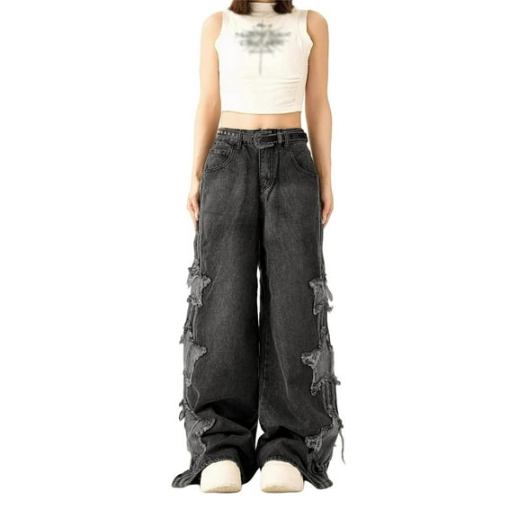 PUYAHG Womens Jeans Unique Pants Cat Whisker Long High Waisted Wide Leg Design Versatile All Seasons Streetwear Retro Trousers Black,L