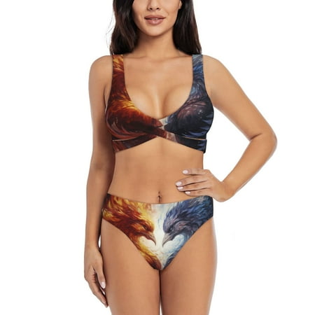 Zeuib Red And White Fire Bird High Waisted Tummy Control Bikini Set - Knot Front Push Up Top & Cheeky Thong Bottom  Two-Piece Swimsuit for Women-Medium