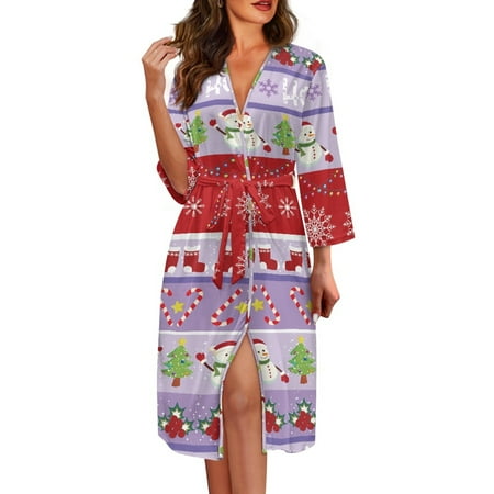 Yuyamidu Snowman Robe for Women After Shower Xmas Tree V Neck Bathrobe Nightgown Womens Christmas Lingerie Robes Loose Long Dressing Gown House Coats Size S