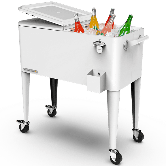 Permasteel Party Cooler with Divider, Spacious 80-Qt Capacity, Chills 36hrs, Serving Tray, Rolling Ice Chest for Indoor and Outdoor Entertainment, Matte White