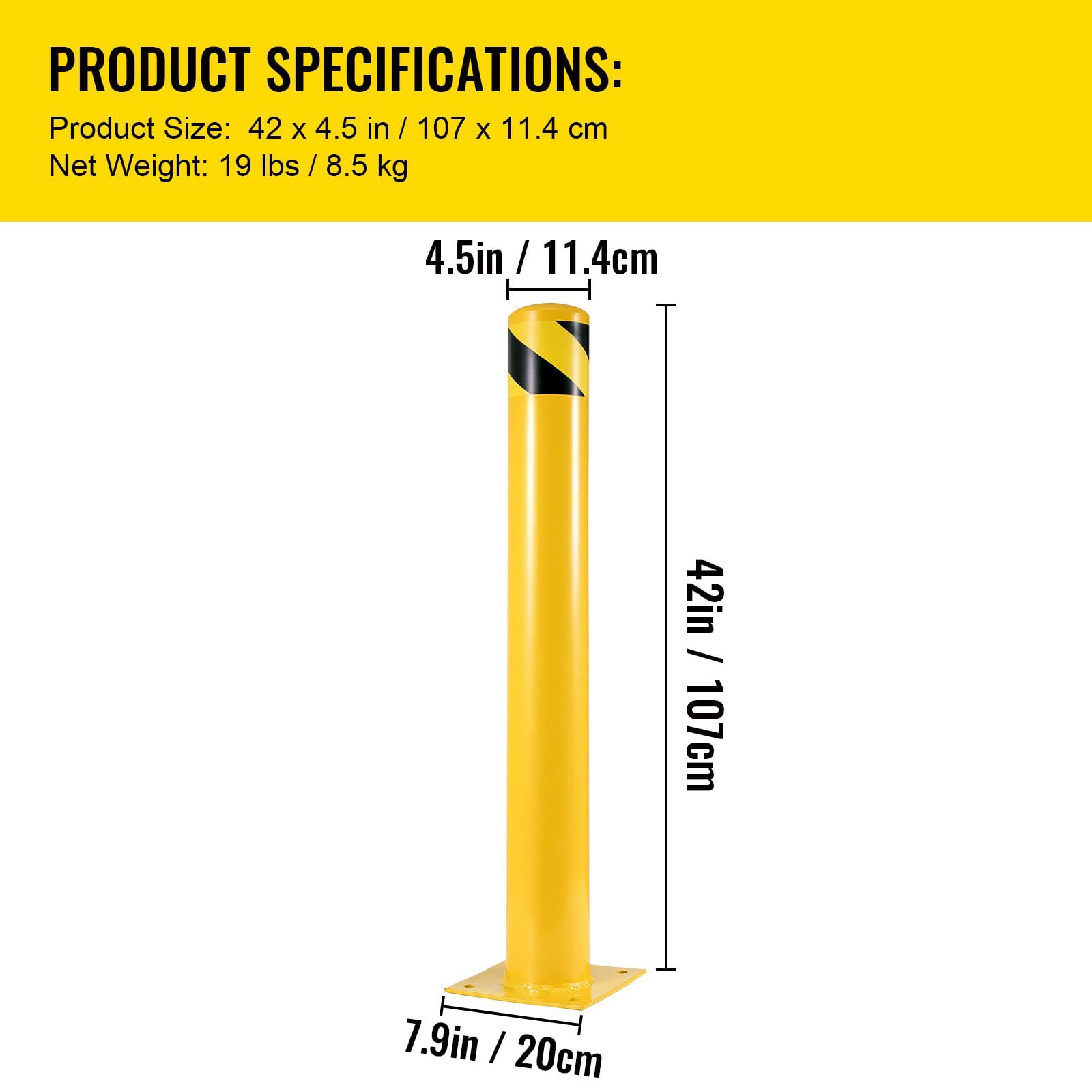 Safety Bollard 42"x4.5" Safety Barrier Bollard 4-1/2" OD 42" Height Yellow Powder Coat Pipe Steel Safety Barrier with 4 Free Anchor Bolts for Traffic-Sensitive Area