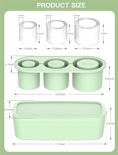 30-40 Oz Silicone Ice Cube Tray for Tumbler Cup, 3 Pack Cylinder Ice Mold with Lid & Storage Bin, Easy Fill & Release Ice Maker for Whiskey Cocktail Drinks, Freezer Safe (Green, 40Oz-Type1)