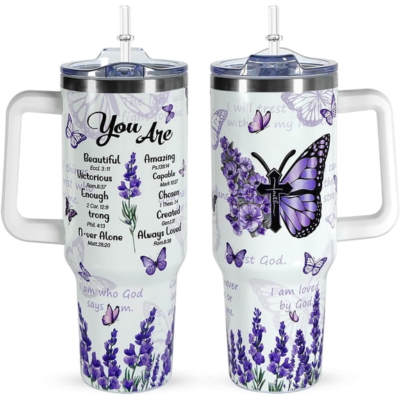 Christian Gifts 40 oz Butterfly Bible Verse Tumbler With Handle Lid and Straw,Religious Faith Inspirational Spiritual Tumblers, Jesus Coffee Cups