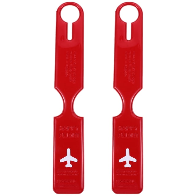 2 pcs Travel Luggage Tags Travel Bag Tags Suitcase Tags Plastic Luggage Tags Identifiers in a vibrant red color. Made of durable PVC material, these tags feature a simple and practical design with an airplane icon for easy identification. Each tag measures approximately 25.00 x 4.00 x 0.10 cm, making them lightweight and compact for convenient use during travel. Ideal for quickly distinguishing luggage and suitable for repeated use.