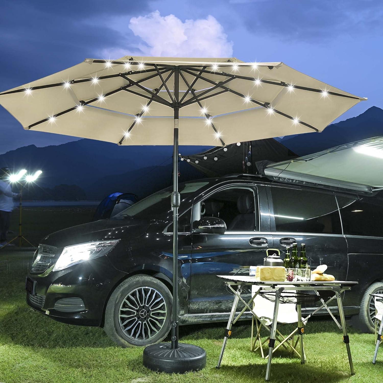 9ft Prelit Umbrella 3-Tiered Patio Umbrella with Lights, Beige
