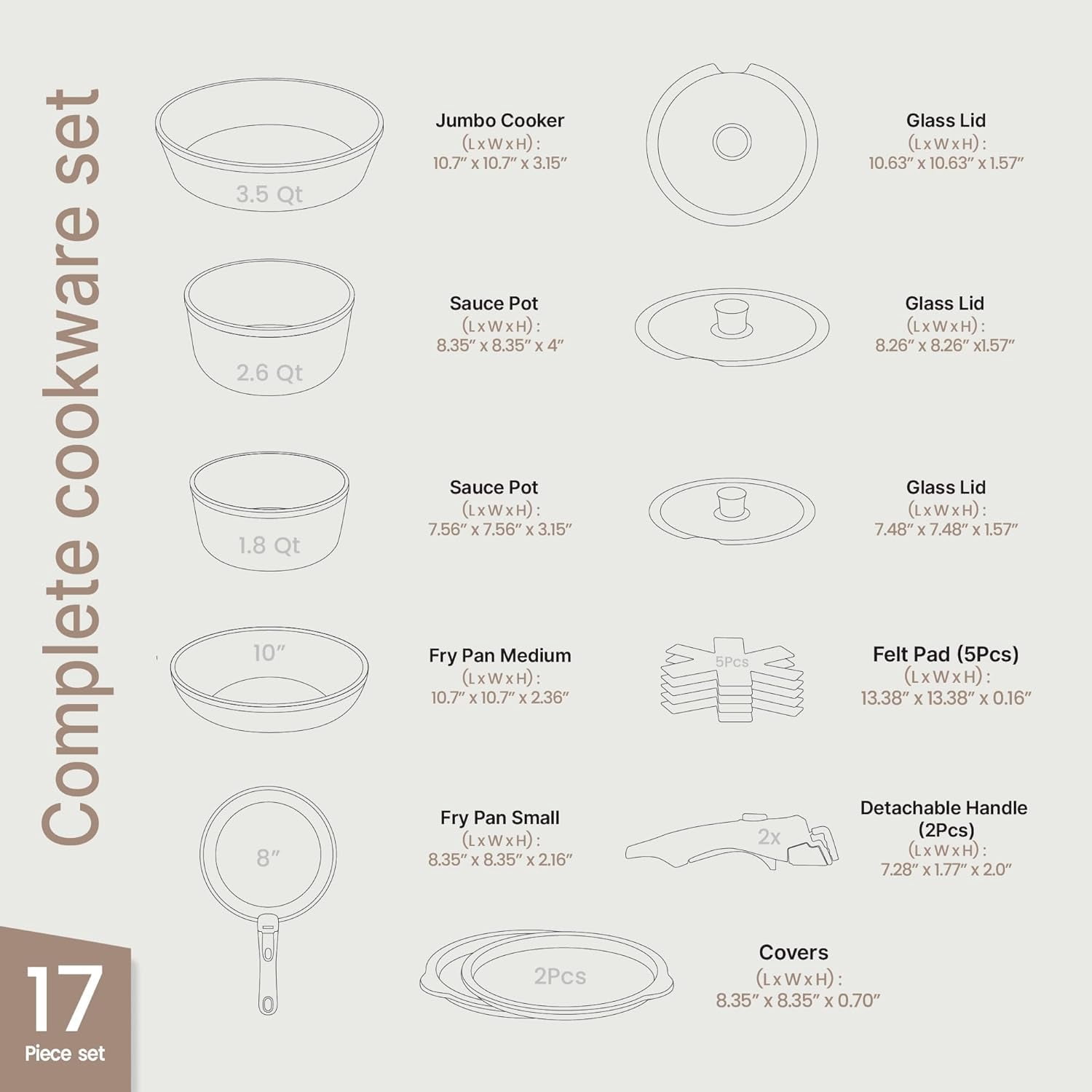 Bakken 17-Piece Ceramic Coated Aluminum Cookware Set, Nonstick Pots & Pans with Lids, Silicone Utensils & Oven Mitts, All-Stovetop Safe to 500°F
