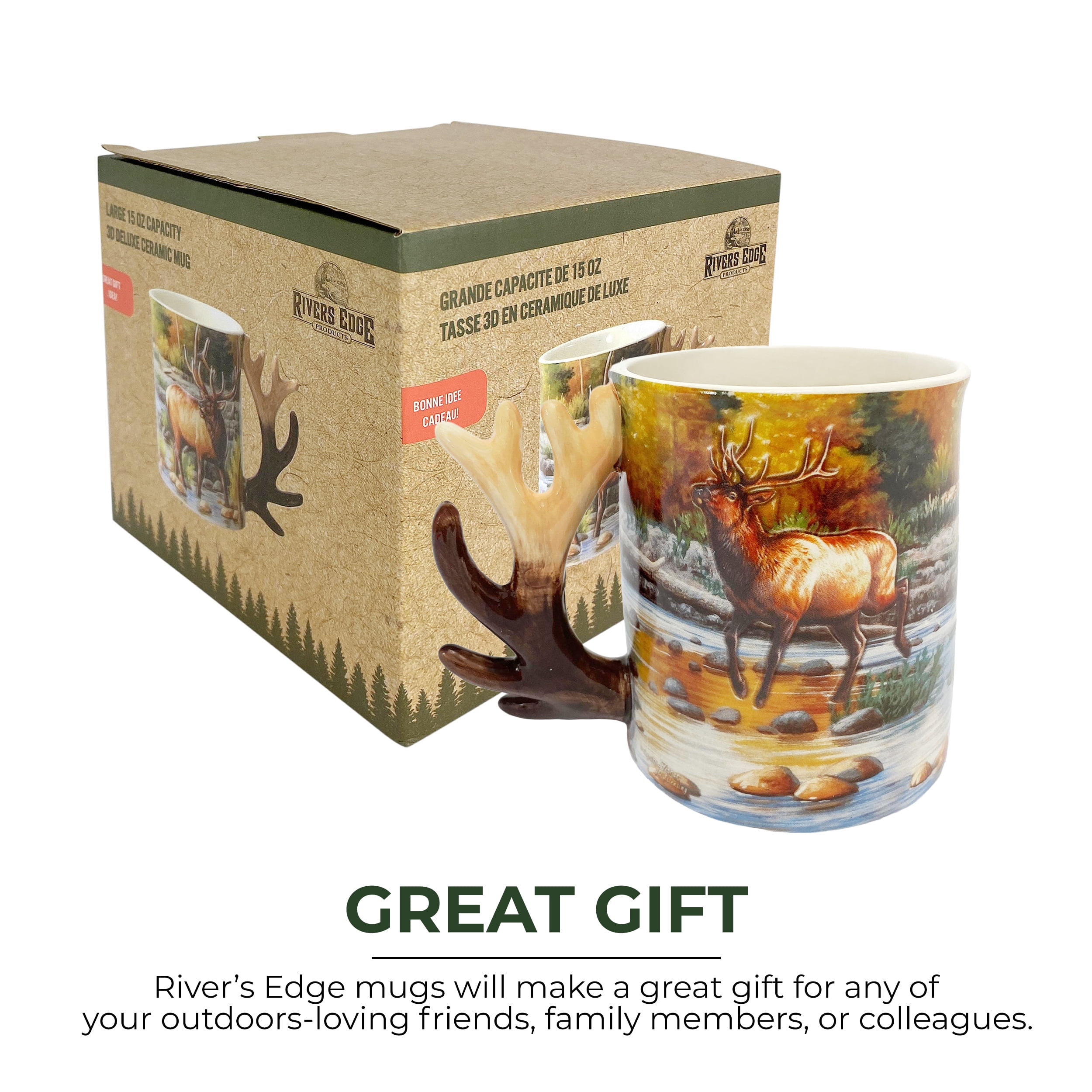 Rivers Edge Products Elk 3D Ceramic Coffee Mug with Handle, 15 Ounces, Espresso Cups and Coffee Cups Ceramic, Perfect for Coffee, Expresso, Latte, or Tea, Elk Scene