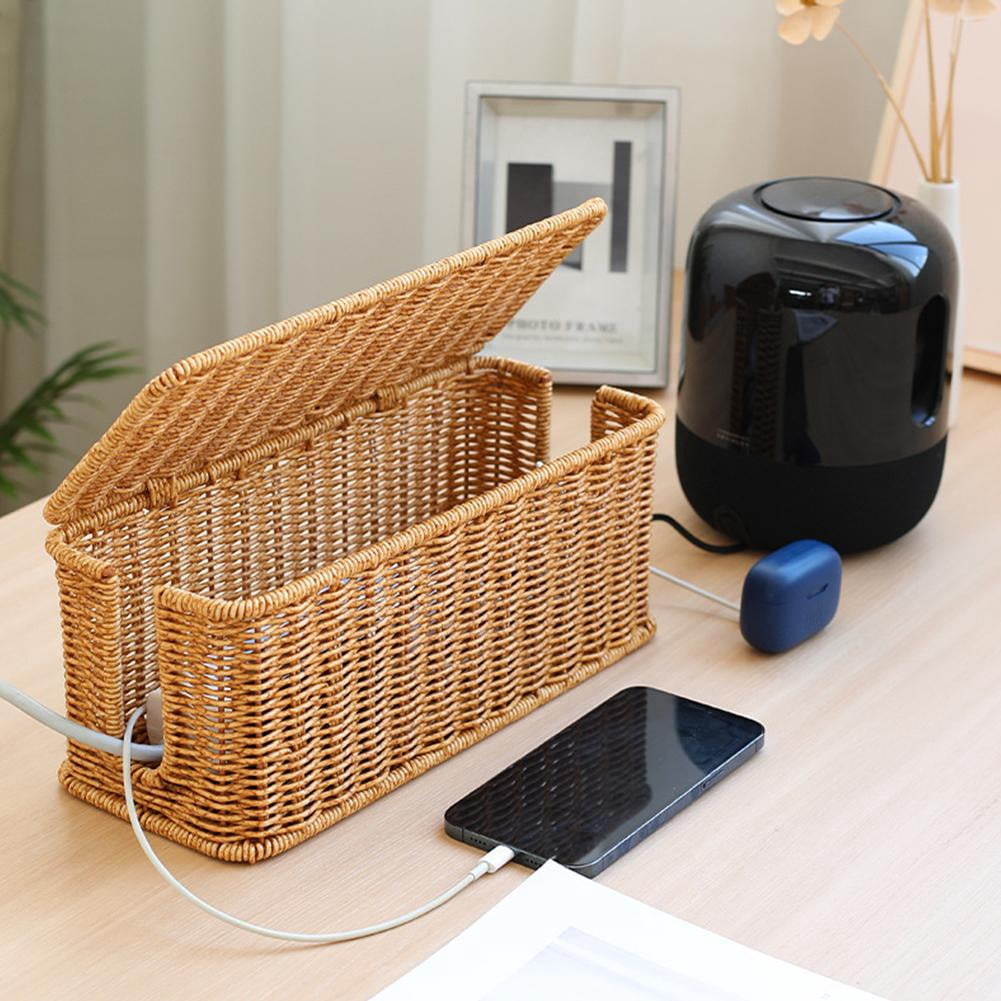 kkiuop Hand-Woven Charging Station Storage Box Cable Management Basket For USB Accessories Data Cables Cables Office Organizer