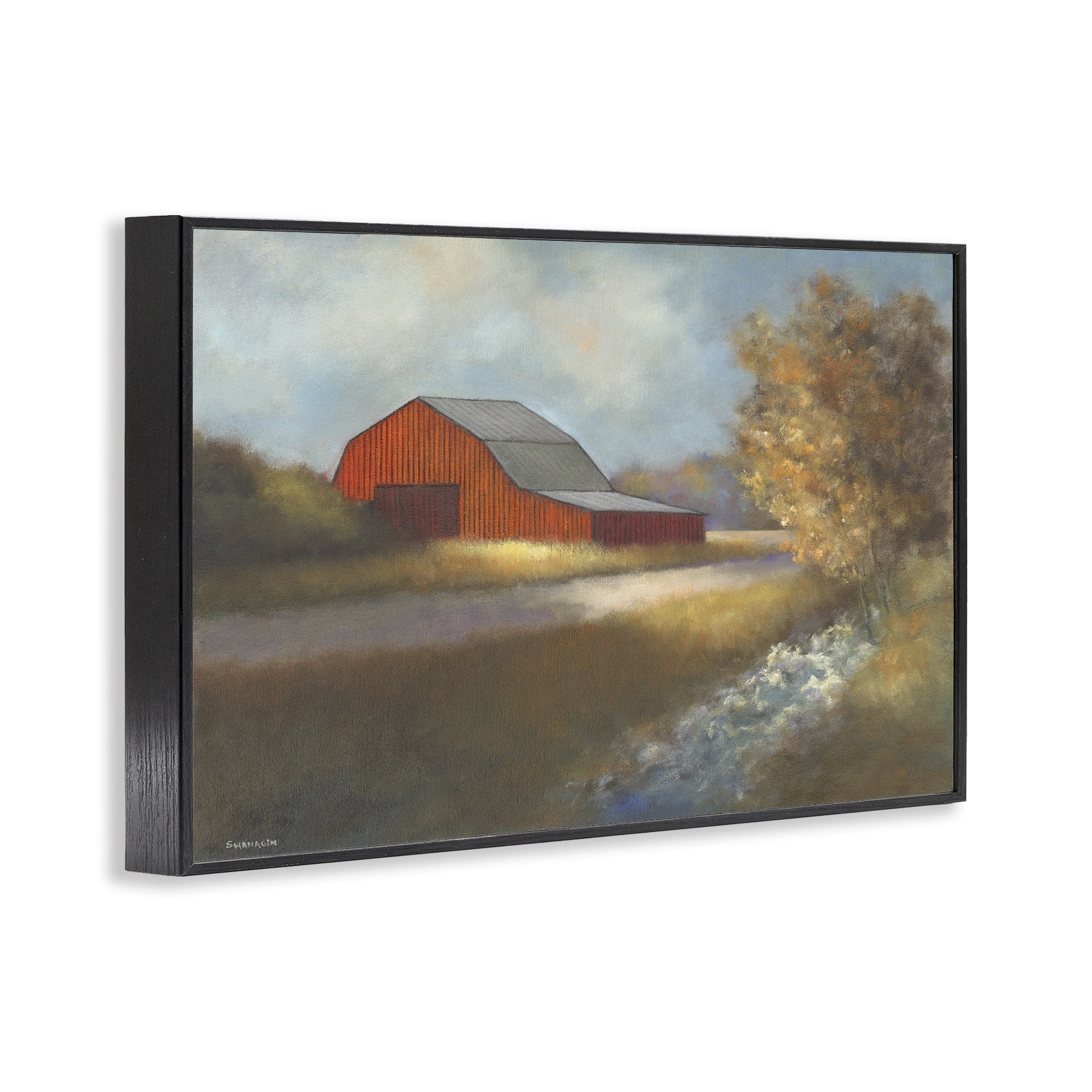 Stupell Industries Traditional Red Barn Landscape Painting Black Framed Art Print Wall Art, 30 x 20