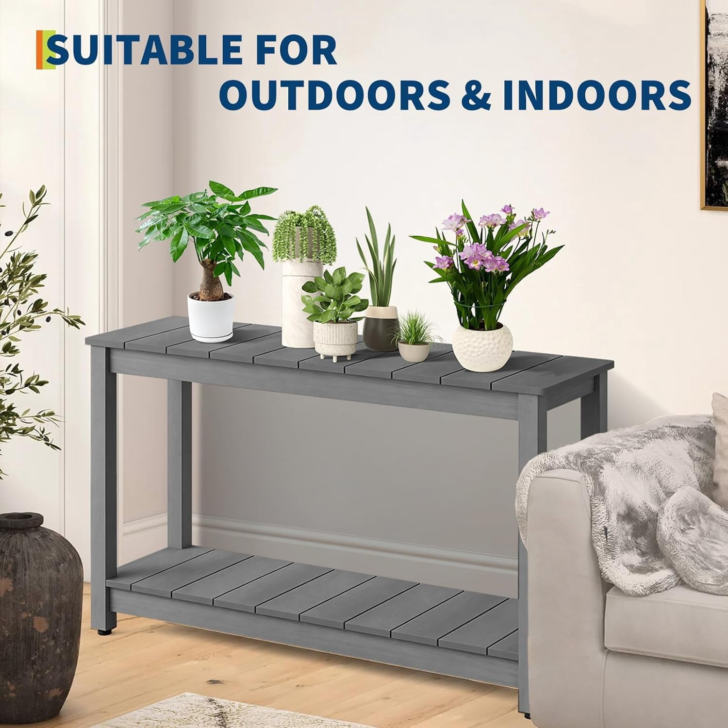 Senfot 48 Inch 2-Shelf Console Table, Indoor Outdoor Wooden Storage Entryway Side Table Gray