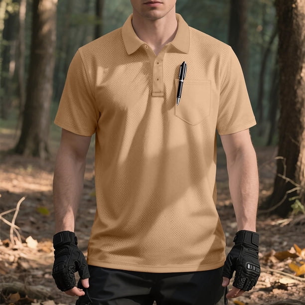 Blusa y camisa de manga corta con cuello vuelto para hombre, informal, holgada, de moda, de malla elástica, con bolsillos, abotonada, de manga corta, con cuello vuelto, blusa de poliéster para hombre