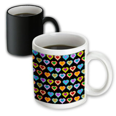 3dRose Groovy Colorful Heart pattern - Rainbow love hearts - cool teenage girl fashion - multicolor black, Magic Transforming Mug, 11oz
