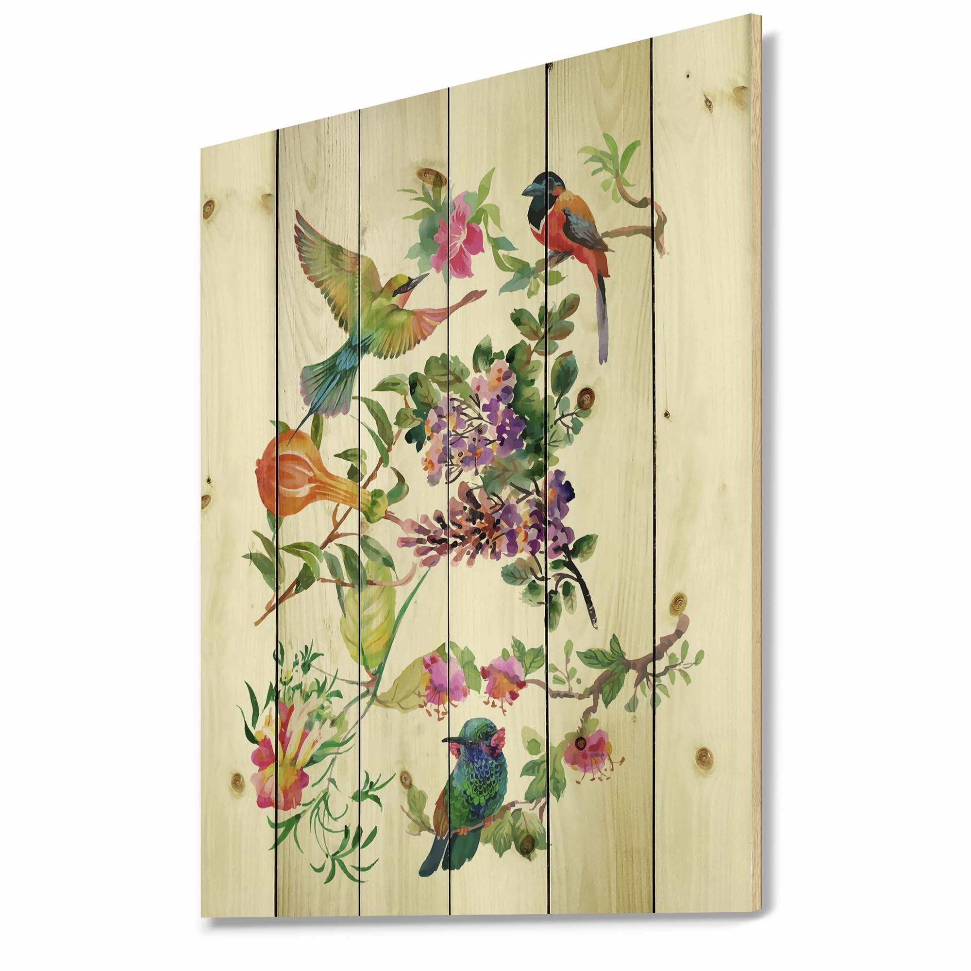 Designart 'Colourful Birds and Tropical Flowers II' Traditional Print on Natural Pine Wood