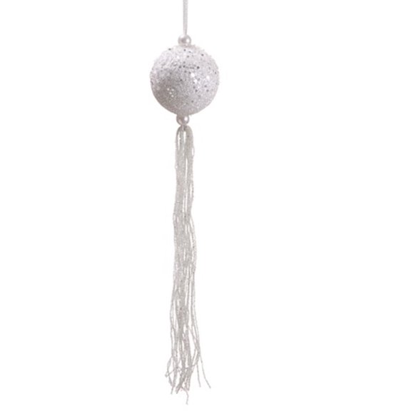 12" Winter Frost White Glitter Christmas Ball Ornament with Tassels and Beads
