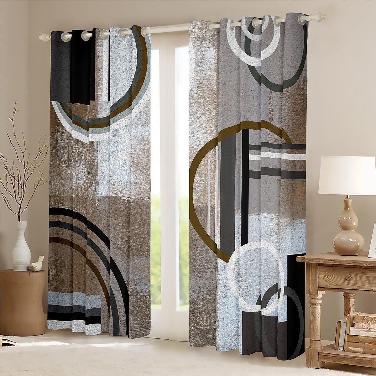 Brown Grey Blackout Curtains,Geometric Swirls Curtains for Bedroom Living Room,Ombre Gradient Modern Geometry Circular Stripes Darkening Curtains,Abstract Art Window Treatments,42"X63" 2 Panels