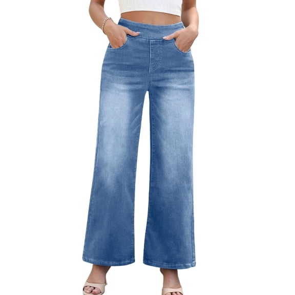 Wide Leg Jeans for Women Elastic High Waist Denim Pants with Pockets Casual Loose Washed Denim Jeans Trendy Stretchy Pants