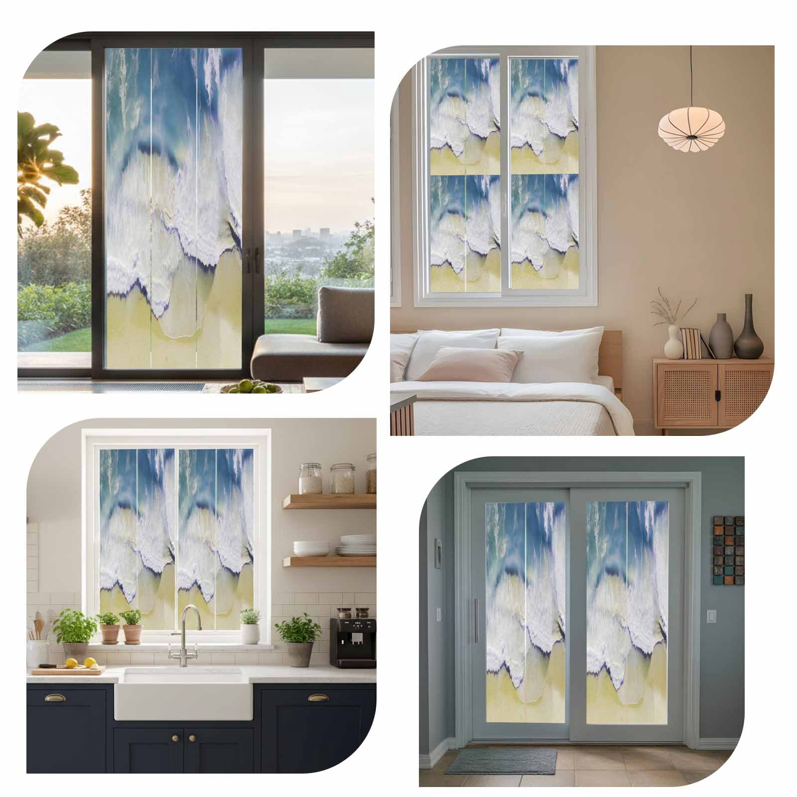 Abstract Summer Window Privacy Film, Ocean Beach Blue Wave Frosted Glass Window Clings Static Cling UV Heat Blocking Reusable Door Sticker for Bathroom 23.6 x 59 Inch