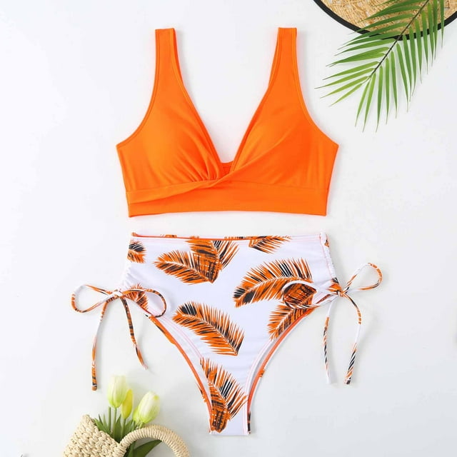 Trajes de baño para mujer, Trajes de baño para mujer, Traje de baño de dos piezas con estampado de hojas y abertura, Traje de baño para mujer
