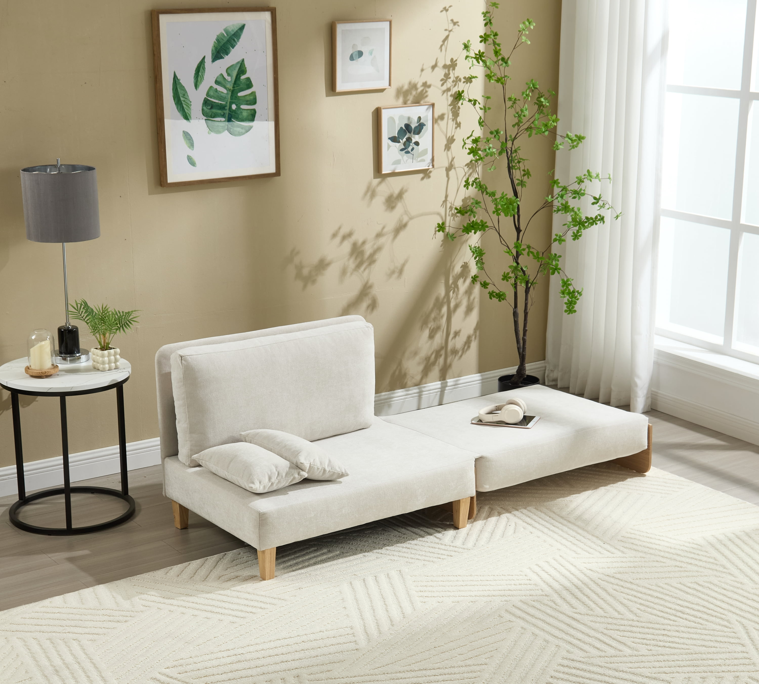 MOONMISS Chenille Upholstered 3-in-1 Convertible Sleeper Foldable Sofa Bed Recliner Chair with 3 Pillows-Beige