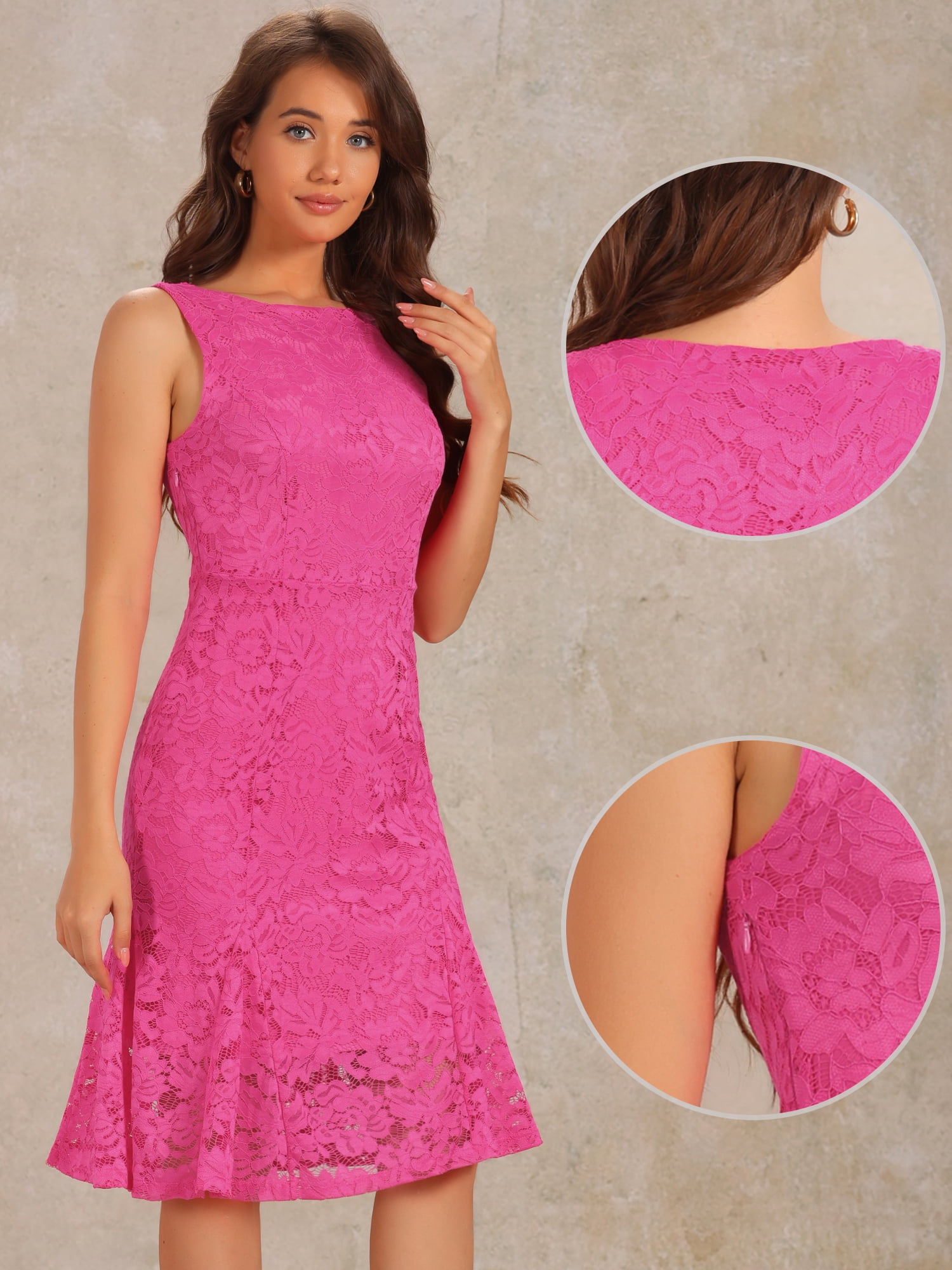 DARING DIVA Lace Cocktail Boat Neck Evening Sheath Dress S Hot Pink