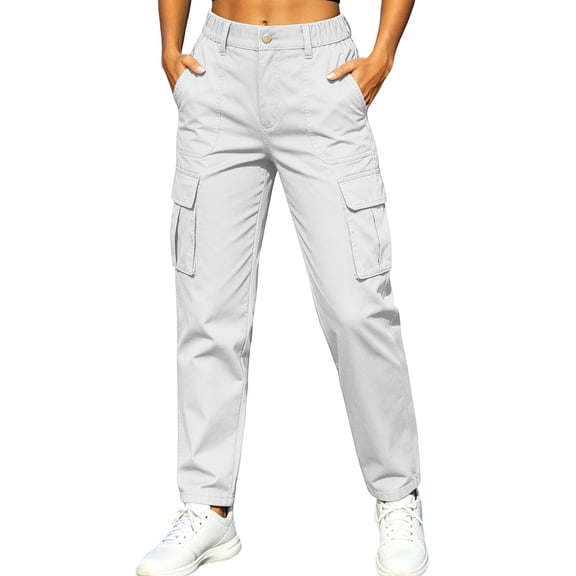 AherBiu Juniors Cargo Pants for Women Button Elastic Waisted Slim Straight Leg Hiking Pants with Multi Pockets(X-Large,White)