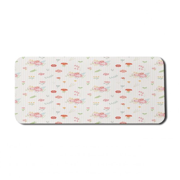 Floral Computer Mouse Pad, Budding Flowers Simple Cartoon Style on Vertical Pastel Toned Stripes Backdrop, Rectangle Non-Slip Rubber Mousepad X-Large, 35" x 15", Ivory Multicolor, by Ambesonne