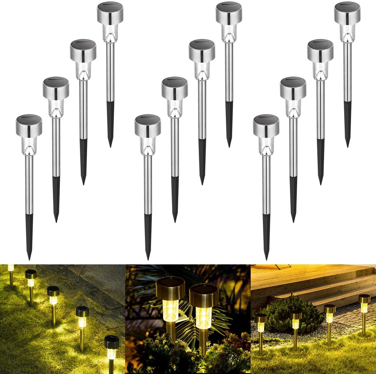 Solar Lights Outdoor, Stainless Steel Waterproof Outdoor Lights - 12Pack, LED Landscape Lighting Outdoor Solar Lights Solar Powered Lights Solar Garden Lights for Pathway Walkway Driveway Yard & Lawn