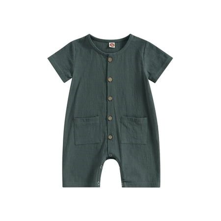 

Suanret Toddler Baby Boys Girls Summer Jumpsuit Casual Solid Color Striped Short Sleeve Button Down Romper Bodysuit Dark Green 0-6 Months