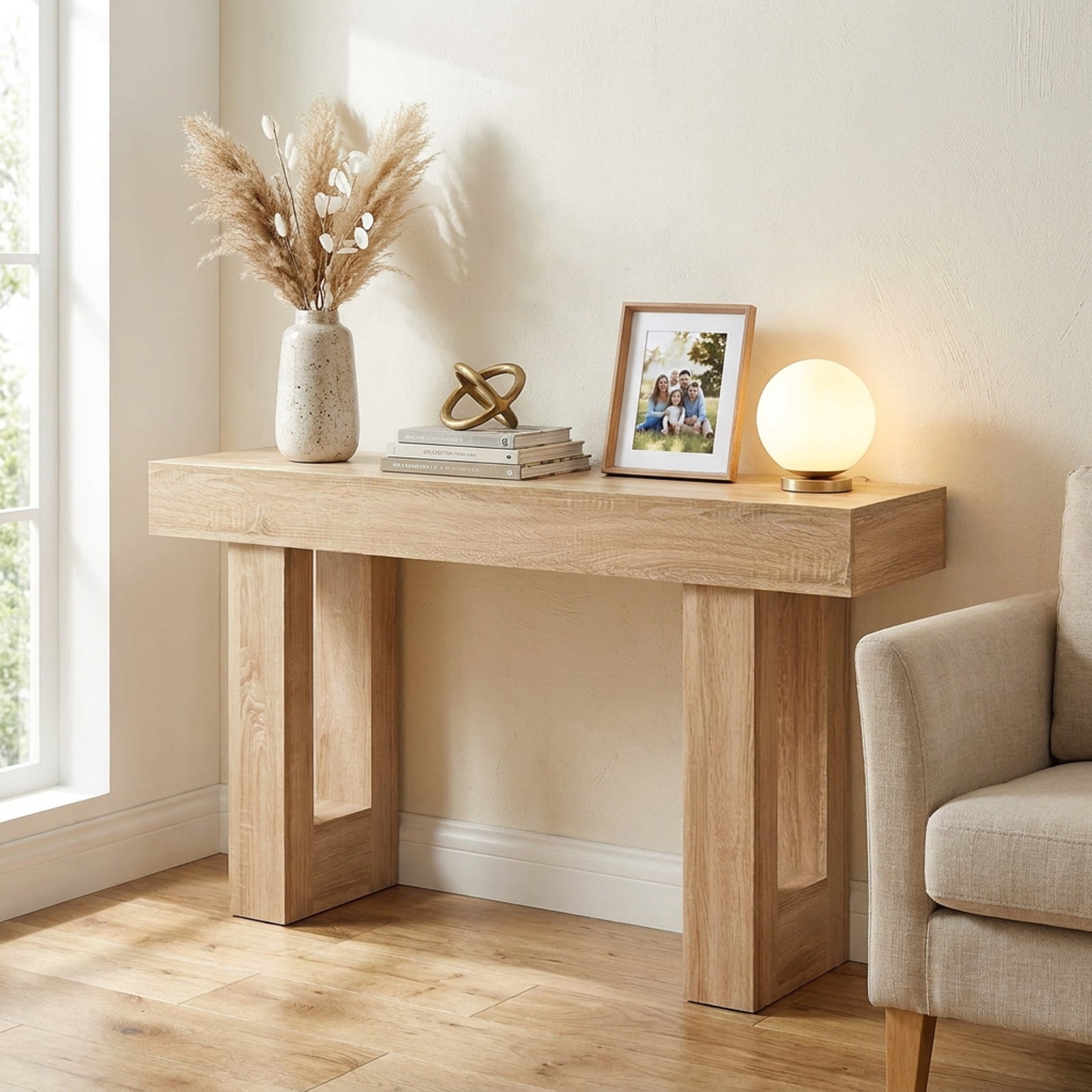 Furnibear 63 Inch Long Console Table Farmhouse Entryway Table with Bottom Storage for Living Room Hallway Foyer Sofa, Natural