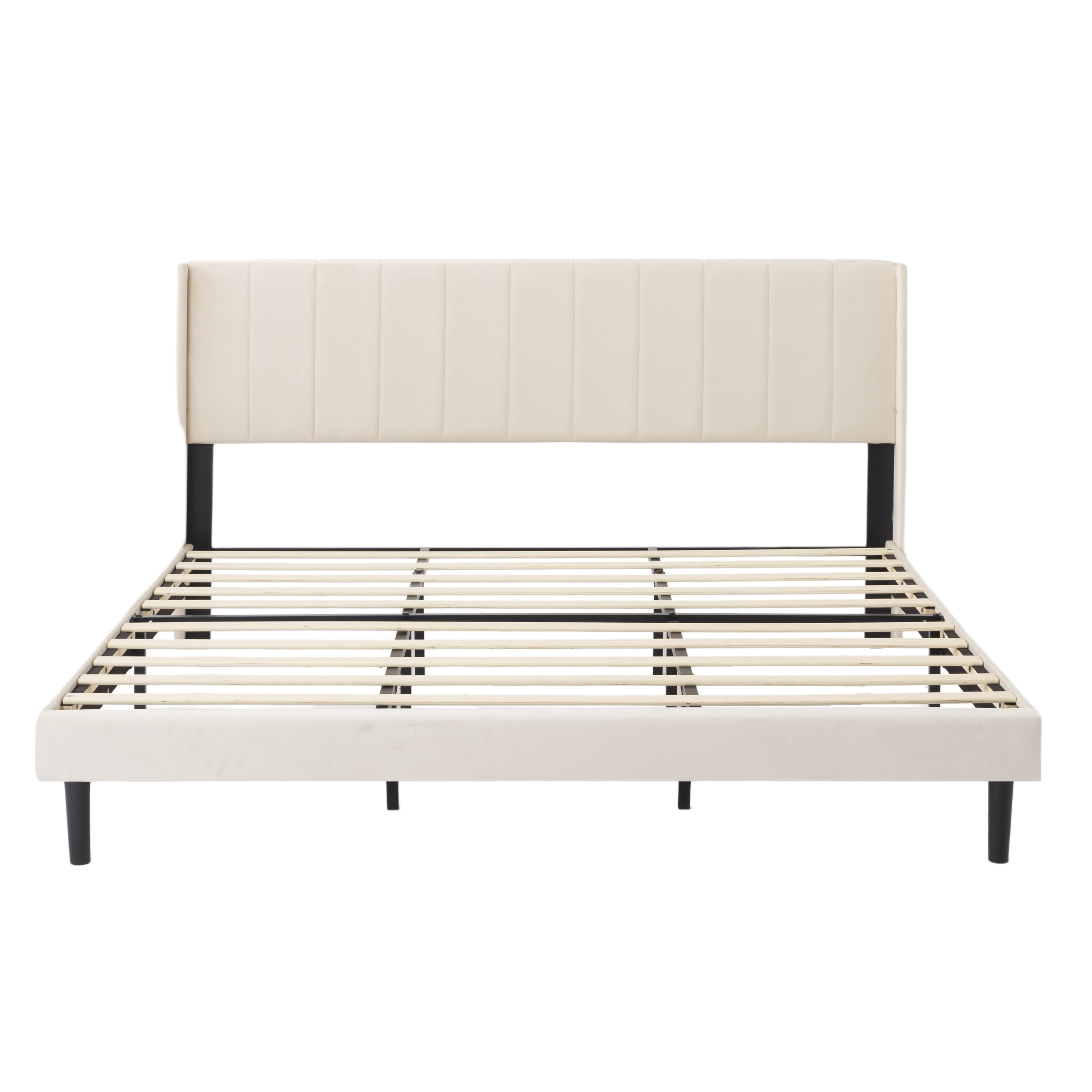 BSHTI King Bed Frame with Velvet Upholstered Headboard, King Size Fabric Upholstered Platform Bed Frame, Modern Bedroom Furniture with Wood Support, No Box Spring Needed, Beige