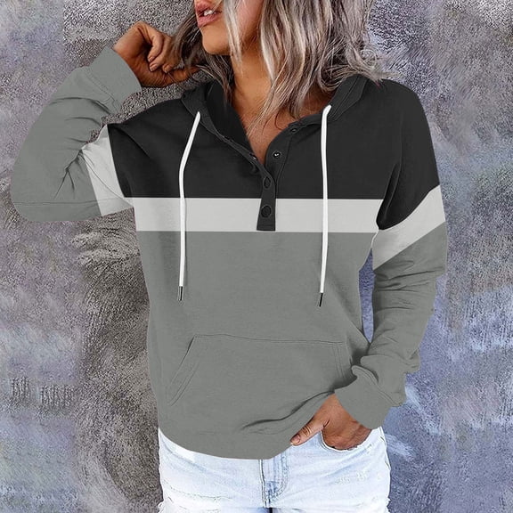 ITSAME Hoodie for Womens, Long Sleeve Casual Pullover Color Block Fashion Hooded Sweatshirt Black XL