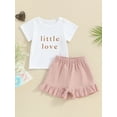 thumbnail image 2 of FEORJGP Toddler Girl Summer Outfit 3M 6M 1T 2T 3T Infant Short Sleeve T-Shirts Letter Print/Embroidery Shirt Crew Neck Tops Elastic Waist Shorts Newborn Cute Casual Daily 2Pcs Clothes Set, 2 of 9