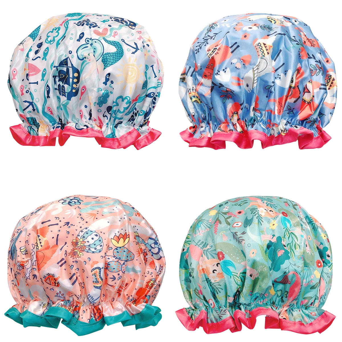Wrapables® Stylish Double Layer Waterproof Shower Caps (Set of 4