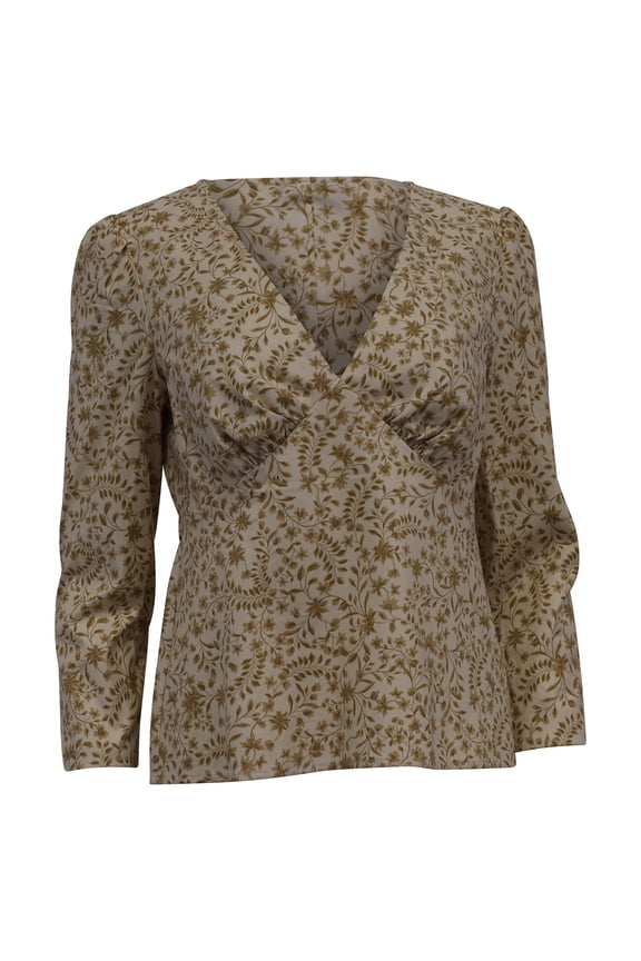 Pre-Owned Reformation Marisa Floral-Print V-Neck Blouse in Beige Cotton