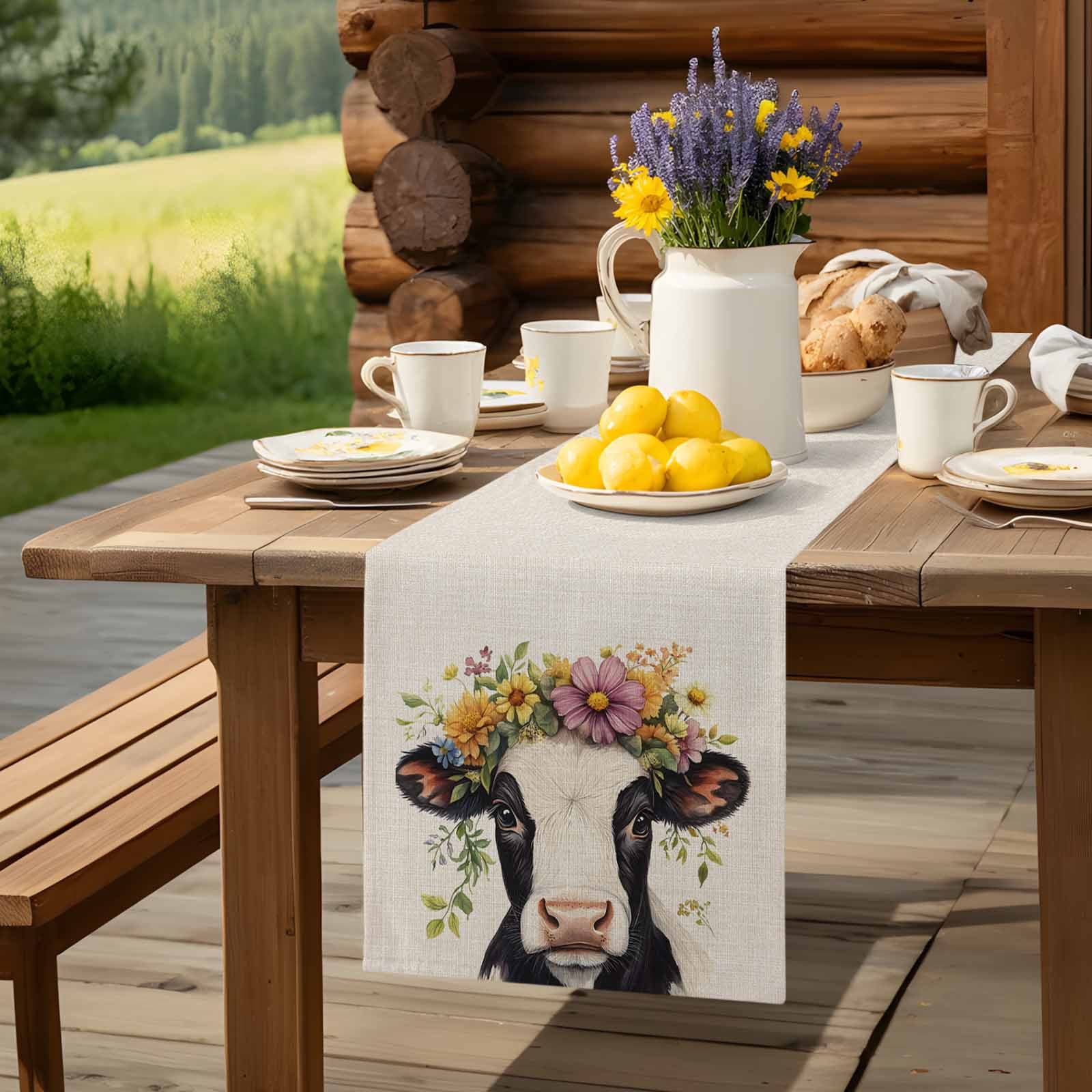 Farmhouse Cow Colorful Garland Table Runner 90 Inches Long, Retro Linen Texture Table Runners Tabletop Scarf Kitchen Dining Tables Decoration for Home Party Indoor Outdoor