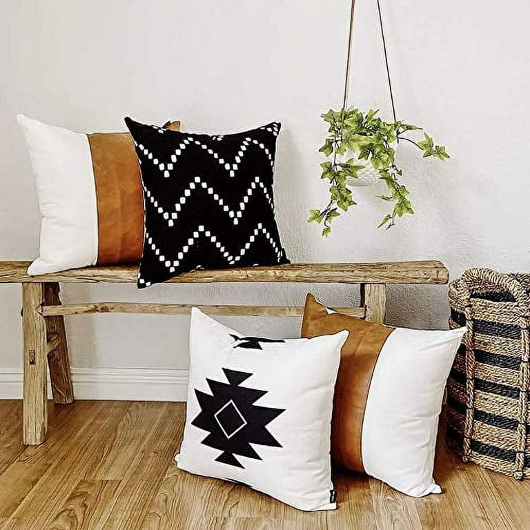  GALMAXS7 Boho Throw Pillow Covers 18 x 18 Set of 4 - Modern  Stripe Geometric Farmhouse Decorative Pillow Cover Sets for Pillows - Couch  Sofa Bed,Faux Leather Black and White Pillow