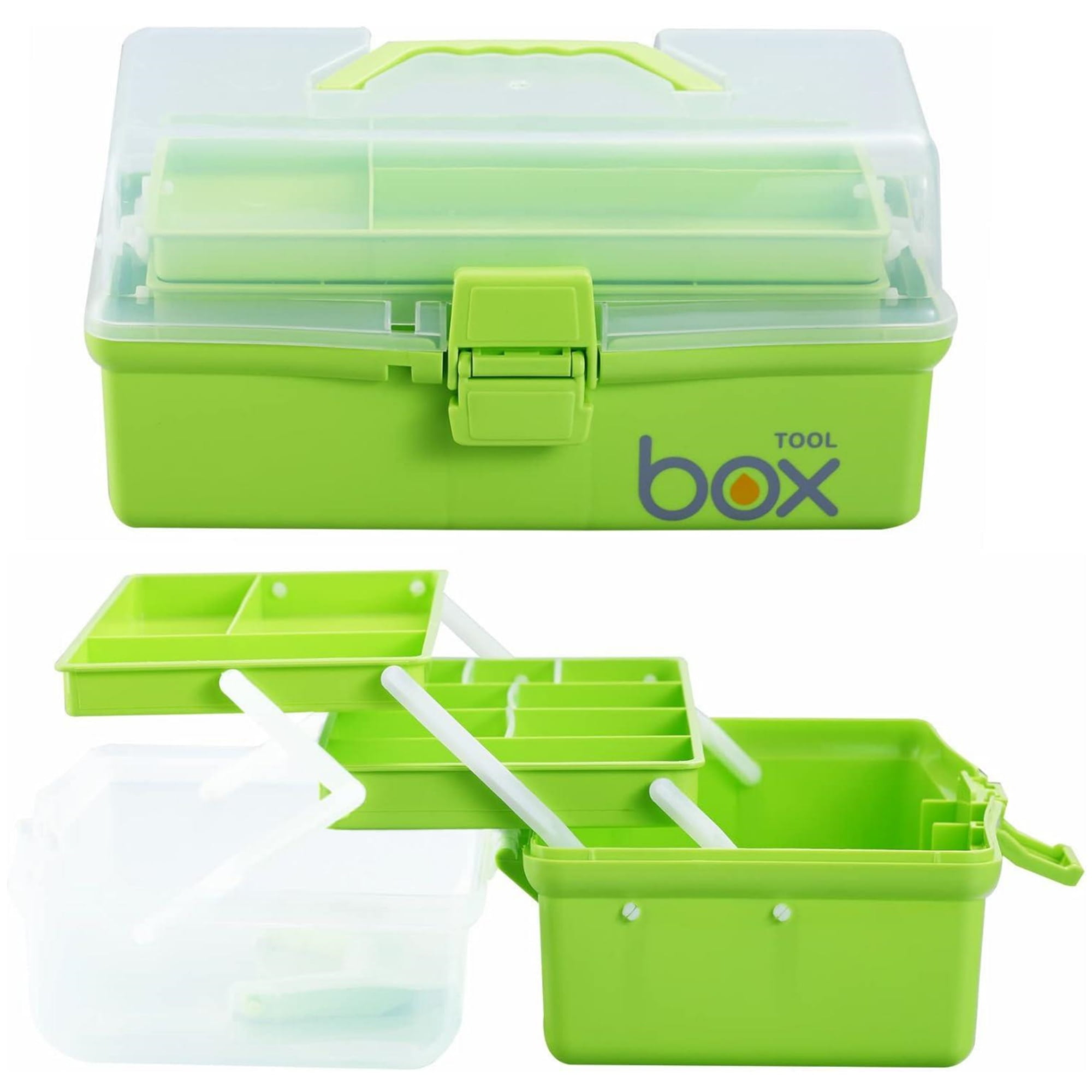 Kinsorcai 2PCS 12'' Three-Layer Clear Plastic Storage Box/Tool Box, Multipurpose Organizer and Portable Handled Storage Case for Art Craft and Cosmetic (Green)