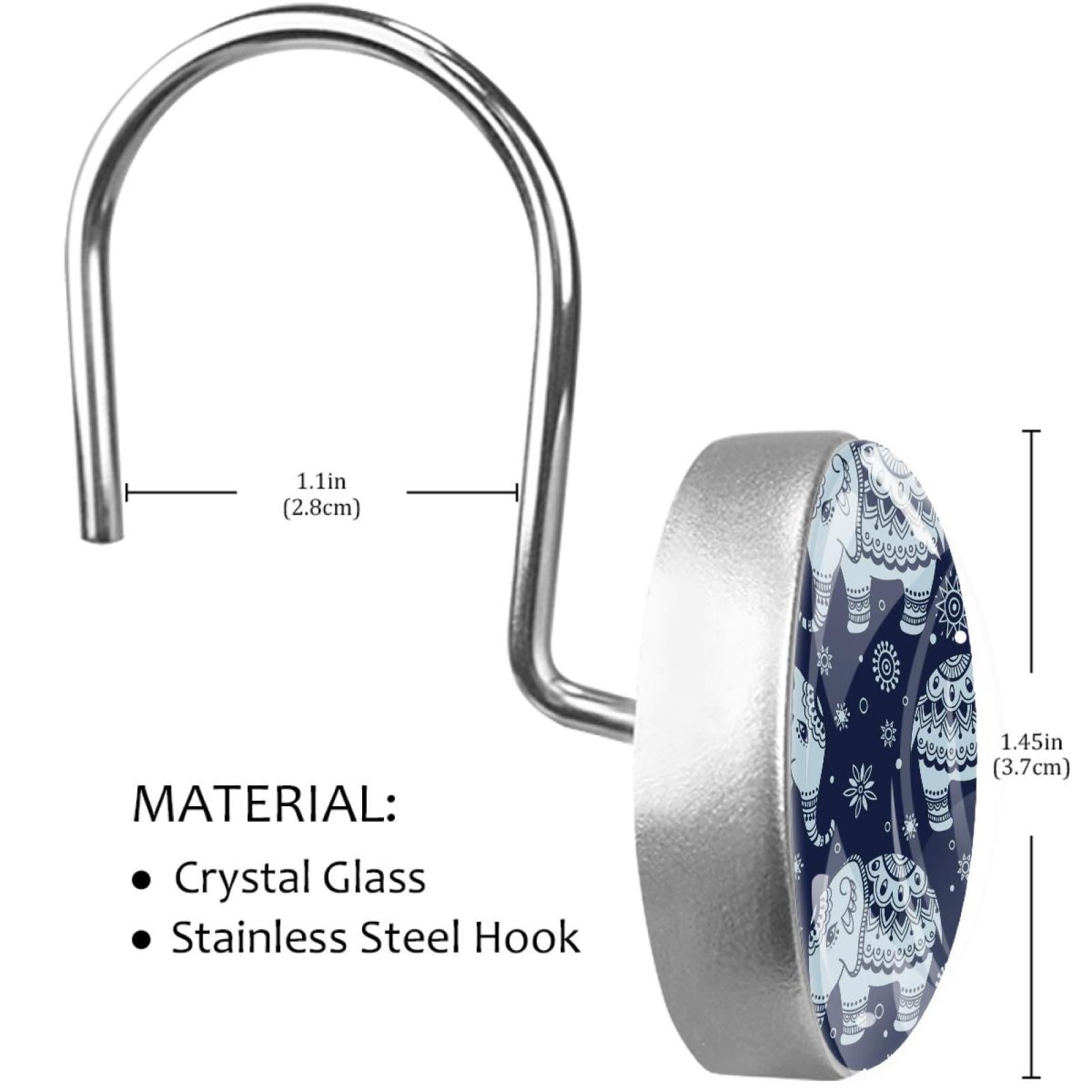 Elephant Shower Curtain Hooks（Set of 12）for Home Hotel Shower Rods Bathroom Crystal Glass Print Stainless Steel Round Curtain Hooks