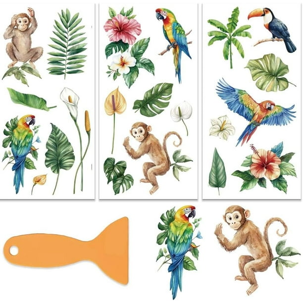 Juego de 3 calcomanías de la jungla para muebles y manualidades (15 x 30 cm). Incluye adhesivos decorativos de monos y loros, y una espátula.