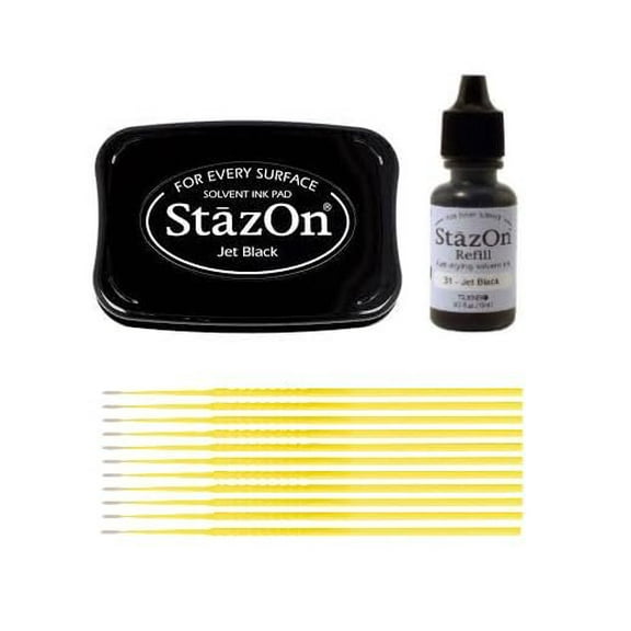 StazOn Multi-Surface Solvent Ink Pad and Reinker Bundle - StazOn Jet Black Solvent Ink Pad and Reinker - with Trebbies Detail Sticks